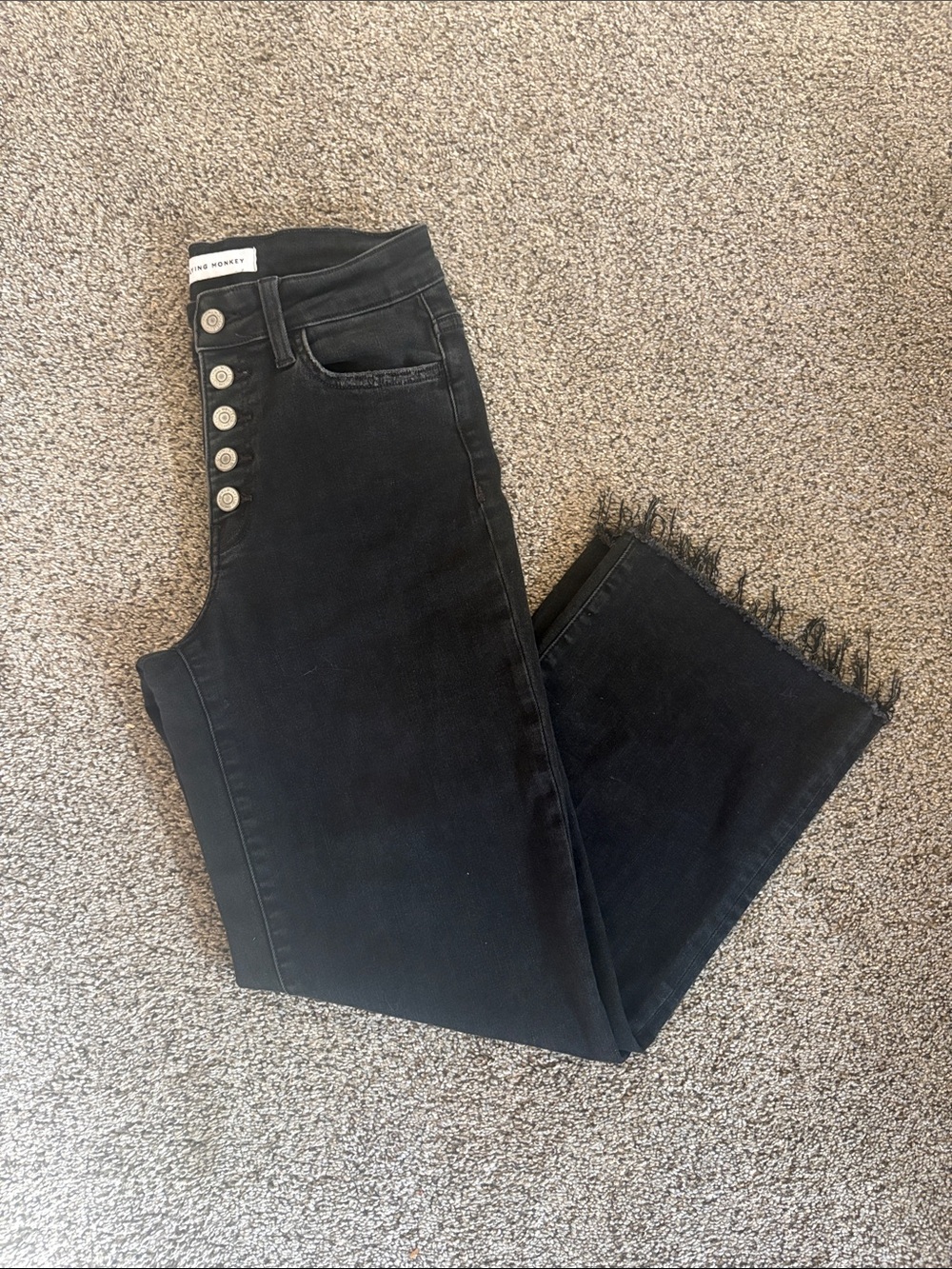 Flying Monkey High-Rise Black Button-Fly Jeans with Frayed Hem